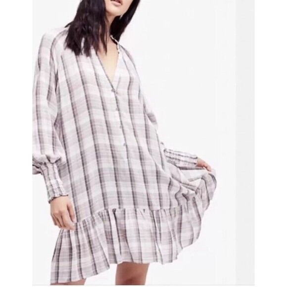 Free People Tunic Dress XS Gray Red Moon Plaid  Oversized Boho Cottagecore - Picture 1 of 10